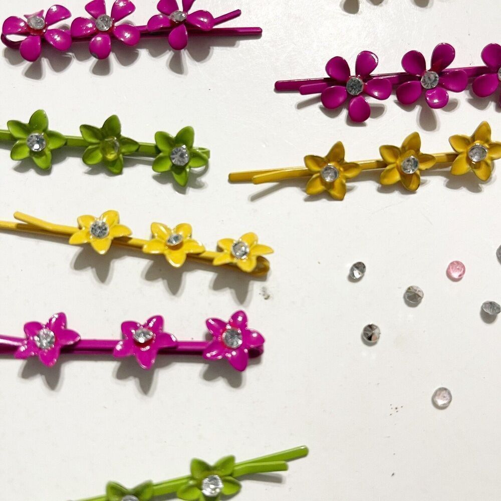 Vintage Lot of 24 Metal Bobby Pins Colorful Rhinestone Glitter Pink Green Yellow - Picture 5 of 16